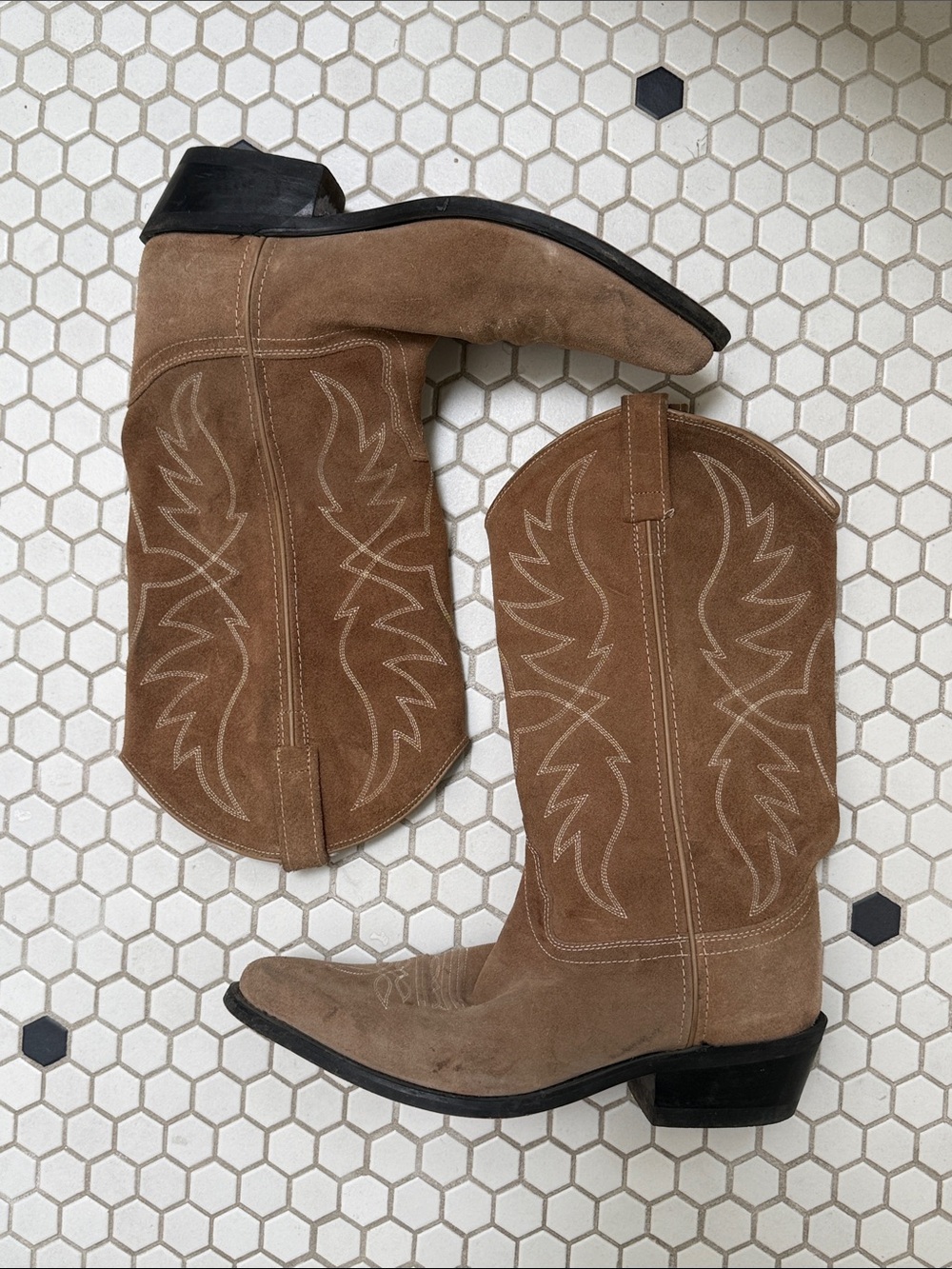 Brown Suede White Stitched Western Cowboy Boots Sz 9.5
